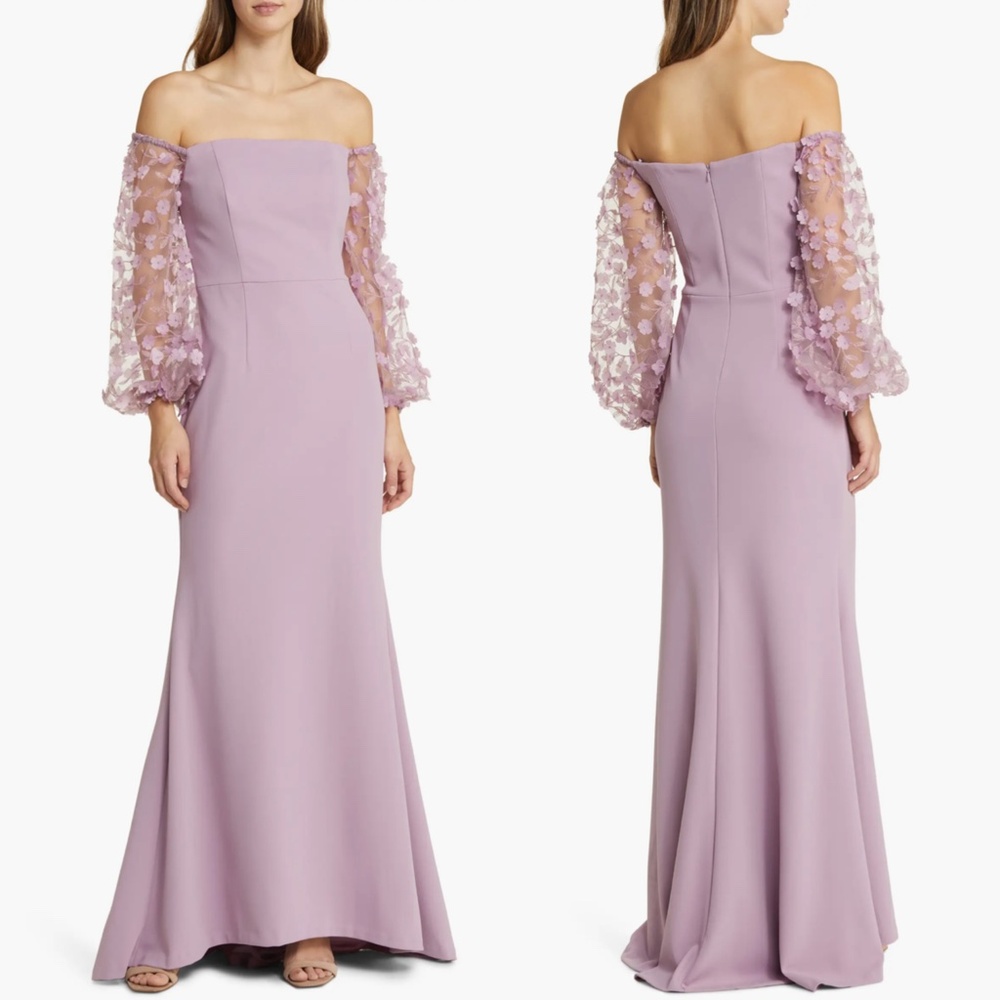 NEW ELIZA J Mauve OFF THE SHOULDER 3D Floral Sleeve SCUBA CREPE Evening DRESS 4